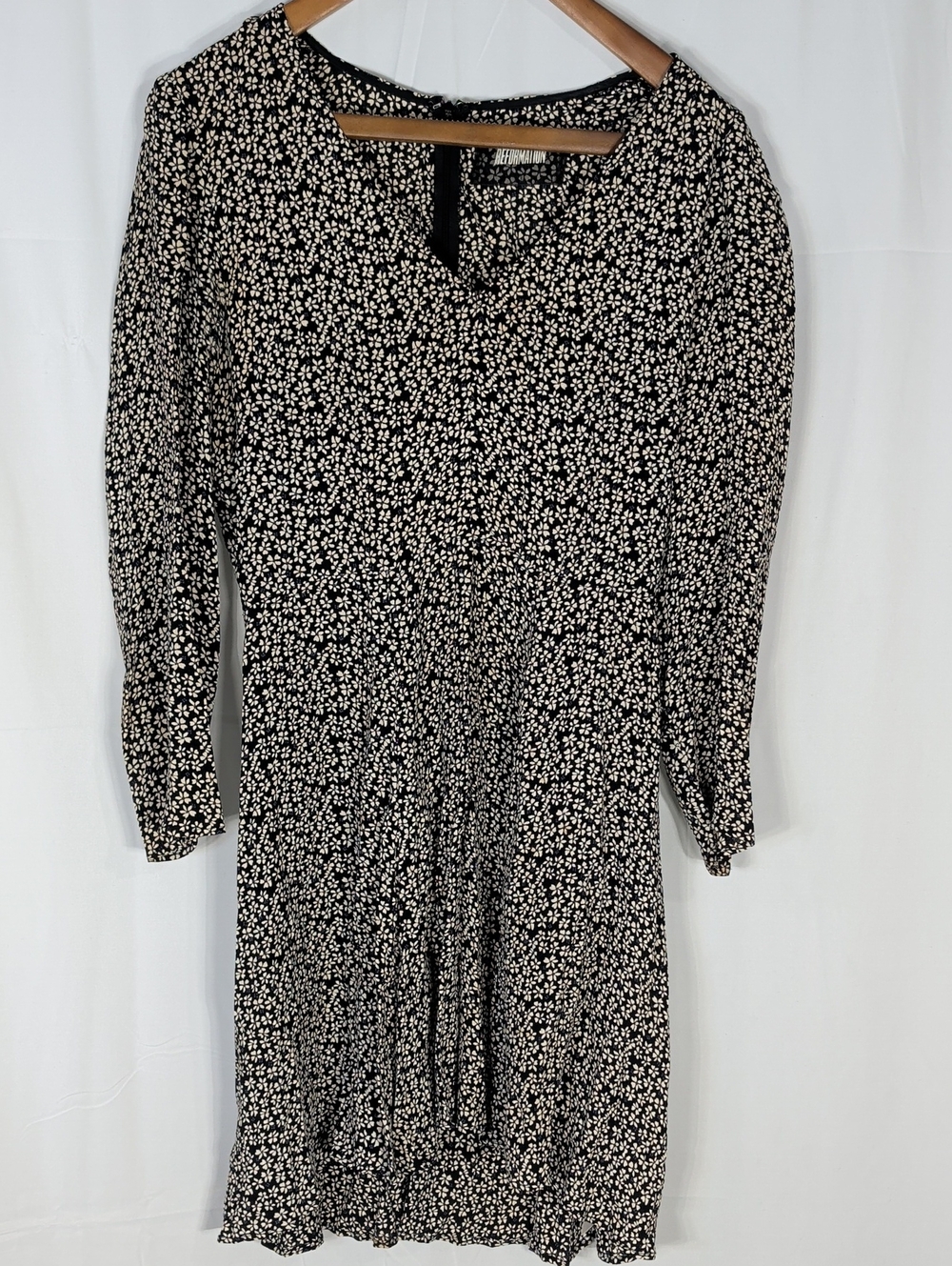 Reformation Black Dress with Cream Floral Print Long Sleeves